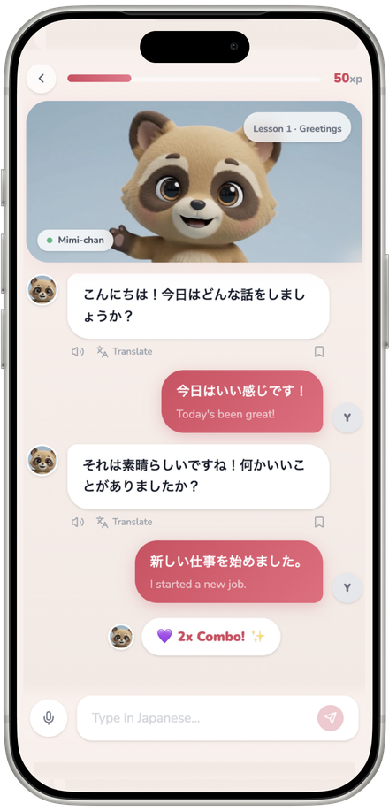 mimi lesson screen on an iPhone: a conversation with Mimi-chan